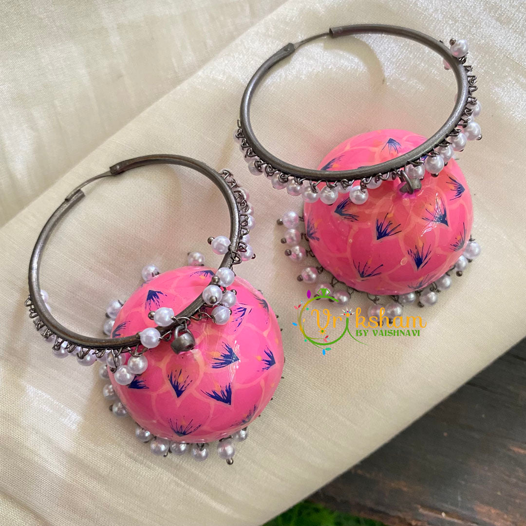 Silver Meenakari Jhumkas -Loop Ring with Jhumka-Candy Pink 1-S319