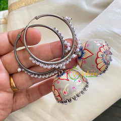 Silver Meenakari Jhumkas -Loop Ring with Jhumka-Grey Floral -S318