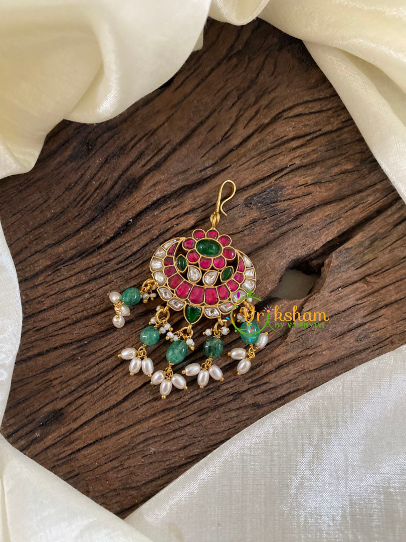 Short Hook Type Jadau Kundan Maang Tikka -Chandh-Green Bead Pearl-j1212