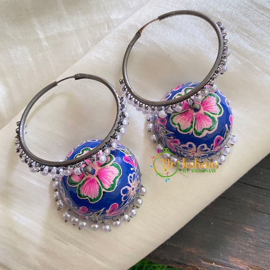 Silver Meenakari Jhumkas -Loop Ring with Jhumka- Blue Floral-S316