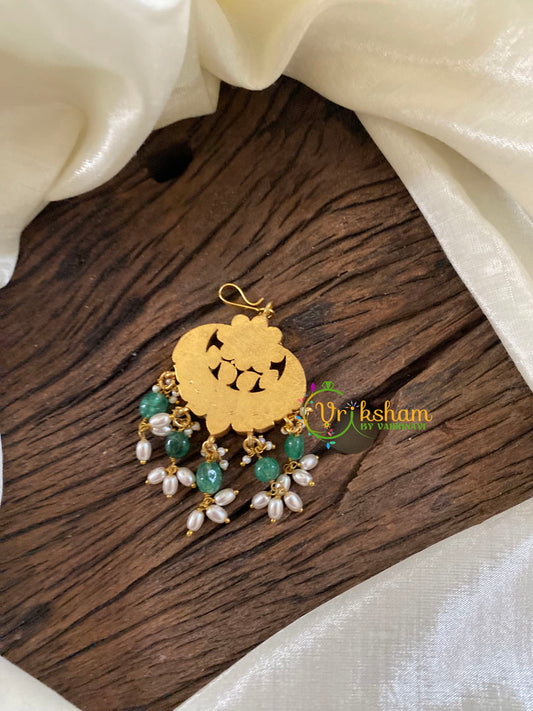 Short Hook Type Jadau Kundan Maang Tikka -Chandh-Green Bead Pearl-j1212