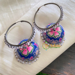 Silver Meenakari Jhumkas -Loop Ring with Jhumka- Blue Floral-S316