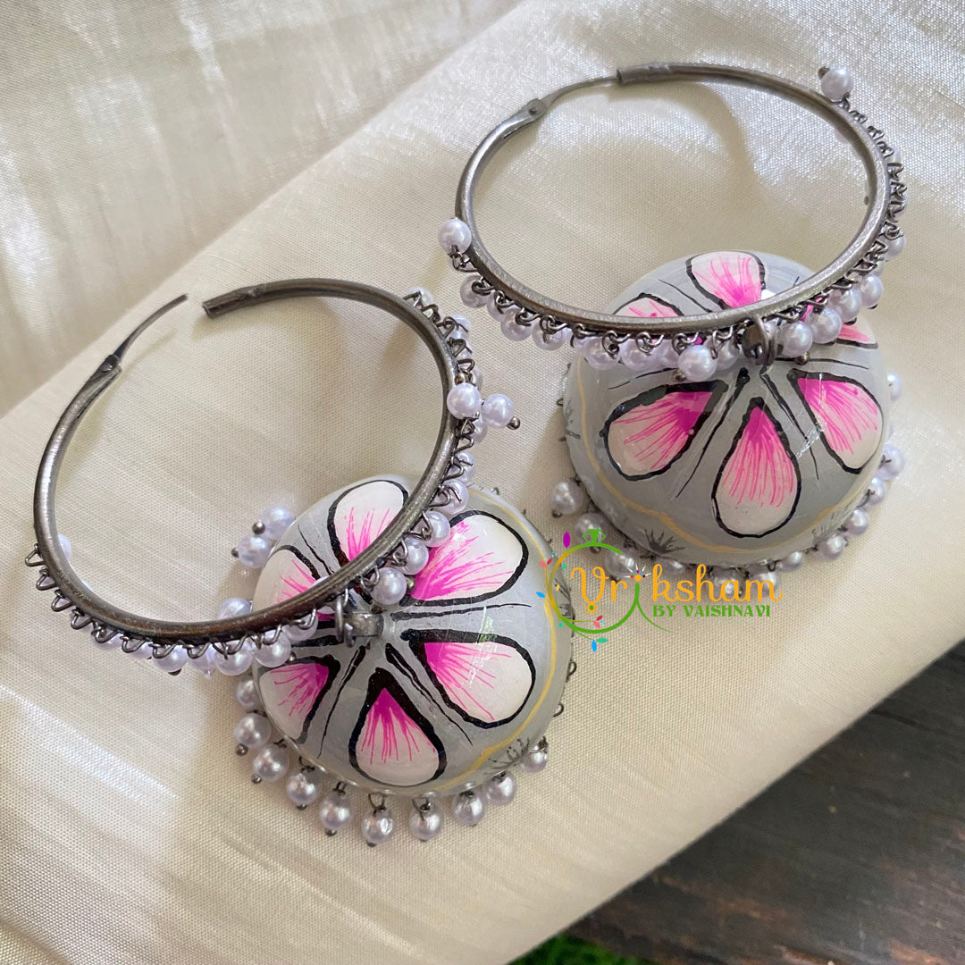 Silver Meenakari Jhumkas -Loop Ring with Jhumka-Grey and Pink Petals-S315