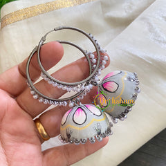 Silver Meenakari Jhumkas -Loop Ring with Jhumka-Grey and Pink Petals-S315