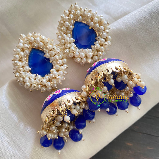 Cluster Pearl  Meenakari Jhumkas-Blue -G3717