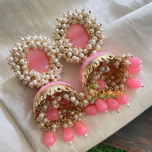 Cluster Pearl  Meenakari Jhumkas-Pastel Pink -G3740