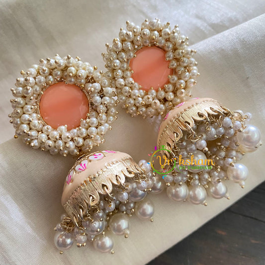 Cluster Pearl Meenakari Jhumkas-Pastel Orange-G3720