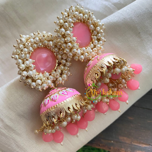 Cluster Pearl  Meenakari Jhumkas-Pastel Pink -G3740