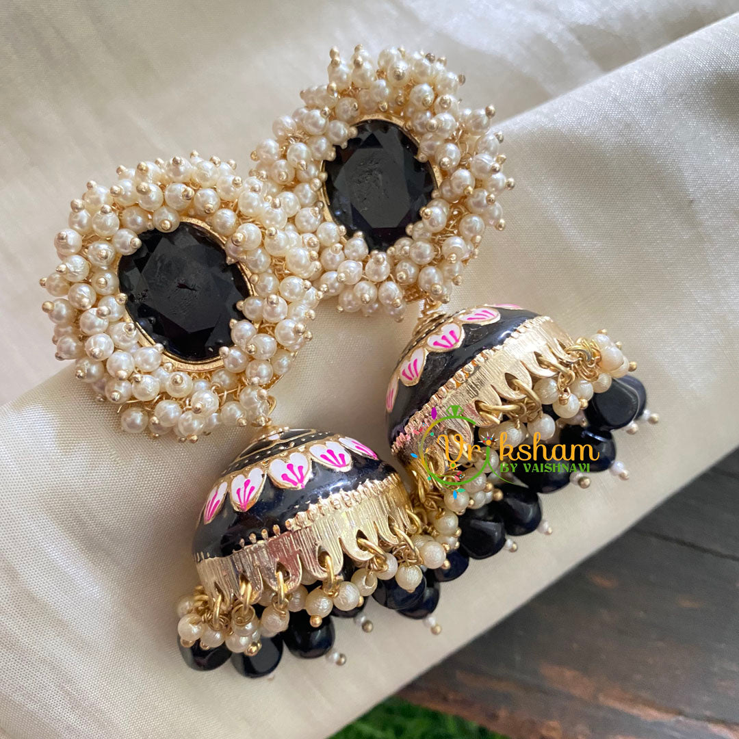 Cluster Pearl Meenakari Jhumkas-Black-G3727