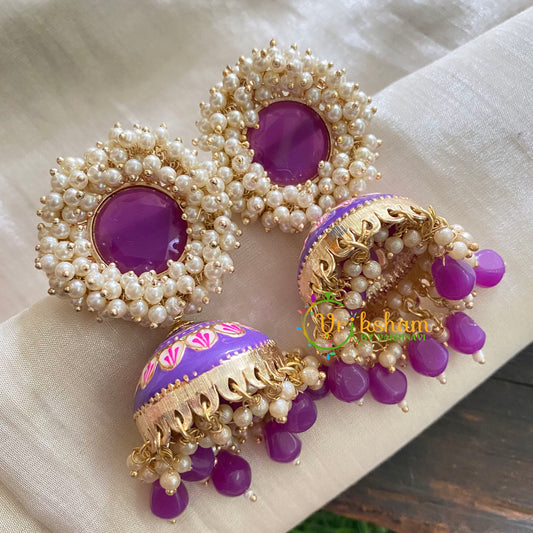 Cluster Pearl  Meenakari Jhumkas-Violet -G3739