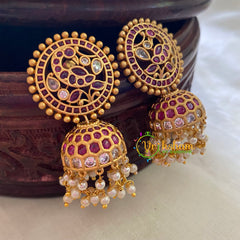 Premium Matt Kemp and AD stone Jhumkas-Red White-G3768