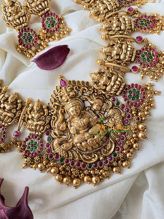 Premium AD Stone Lakshmi Floral Haram-Gold Bead-G4508