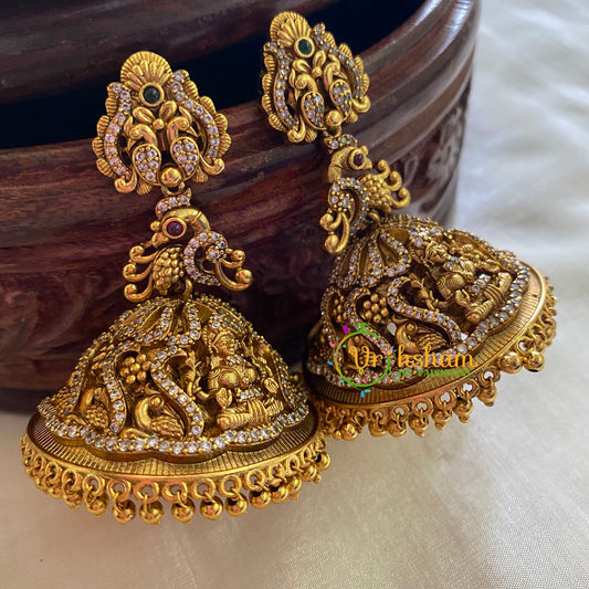 Premium AD Stone Lakshmi Temple Jhumkas-Dual peacock-G3764