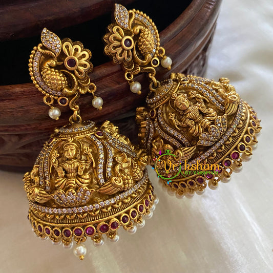 Premium AD Stone Lakshmi Temple Jhumkas-Peacock-red-G3761