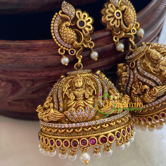 Premium AD Stone Lakshmi Temple Jhumkas-Peacock-red-G3761