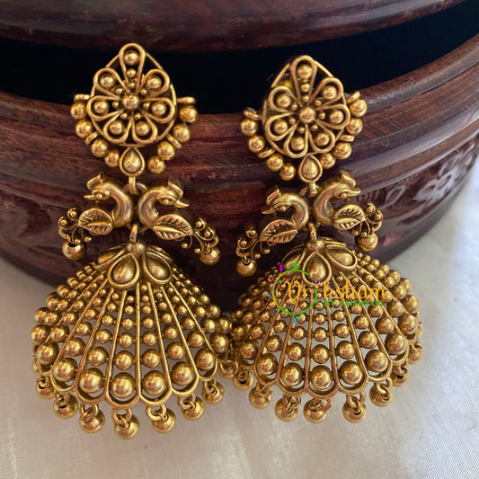 Gold Look Alike No Stone Jhumka-Peacock-G3772