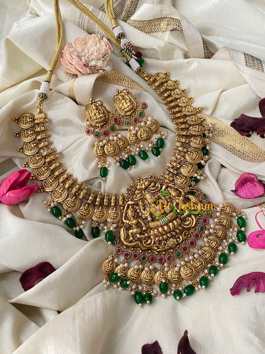 Antique Gold Lakshmi Temple Short Neckpiece-Green Bead-G4486