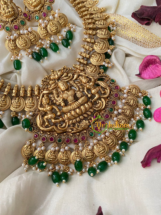 Antique Gold Lakshmi Temple Short Neckpiece-Green Bead-G4486