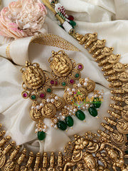 Antique Gold Lakshmi Temple Short Neckpiece-Green Bead-G4486
