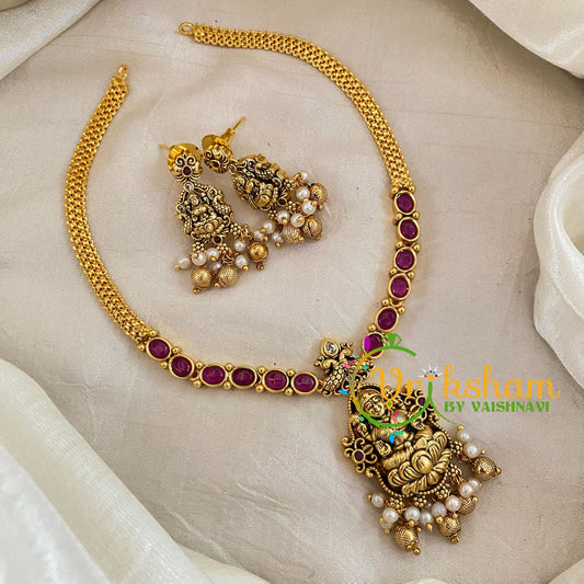 Red Gold Look Alike Lakshmi Pendant Short Neckpiece-Gold bead Pearl-G10634