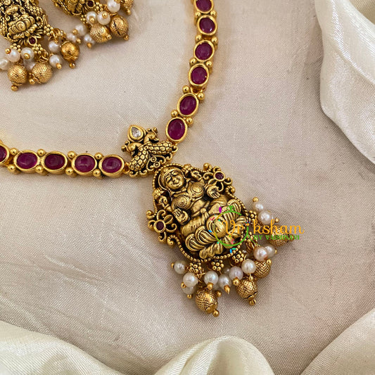 Red Gold Look Alike Lakshmi Pendant Short Neckpiece-Gold bead Pearl-G10634