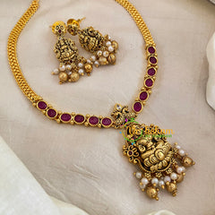 Red Gold Look Alike Lakshmi Pendant Short Neckpiece-Gold bead Pearl-G10634