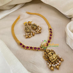 Red Gold Look Alike Lakshmi Pendant Short Neckpiece-Gold bead Pearl-G10634