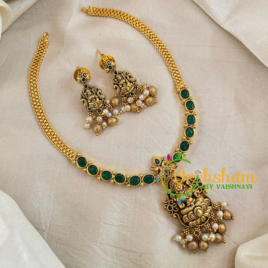 Green Gold Look Alike Lakshmi Pendant Short Neckpiece-Gold bead-G10635