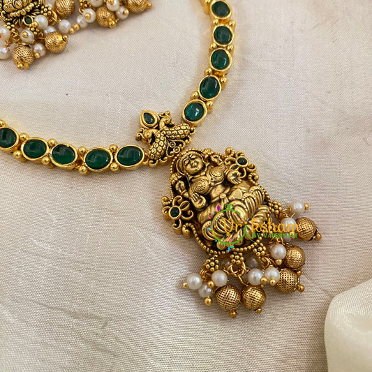 Green Gold Look Alike Lakshmi Pendant Short Neckpiece-Gold bead-G10635
