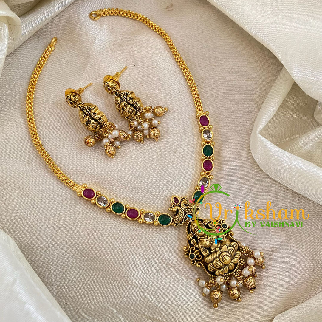 Red Green Lakshmi Pendant Short Neckpiece-Gold bead-G10636