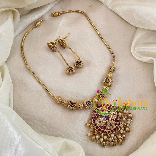 Red Addigai Gold Pendant Short Neckpiece-Gold bead-G10643