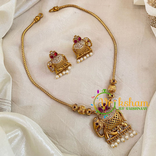 Red White Addigai Gold Pendant Short Neckpiece-Elephant-G10645