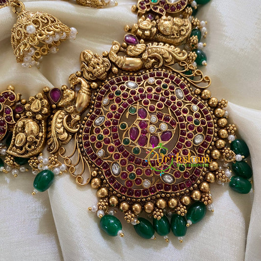 Traditional Lakshmi Pendant peacock Neckpiece-Green Bead-G8006