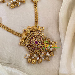 Red Addigai Gold Pendant Short Neckpiece-Gold bead and pearls-G10650