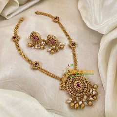 Red Addigai Gold Pendant Short Neckpiece-Gold bead and pearls-G10650