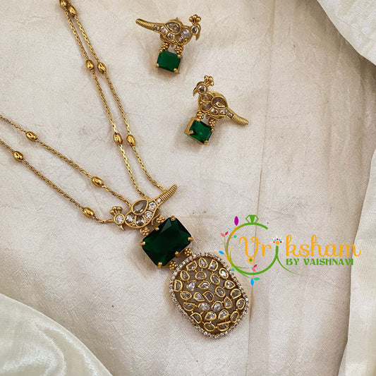 Emerald Green AD Stone Pendant Chain Neckpiece -Geometric -G10697