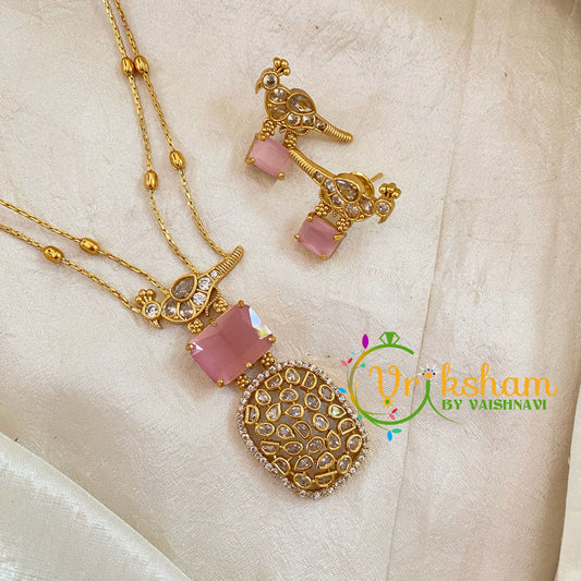 Premium Pastel Pink AD Stone Pendant Chain Neckpiece -Geometric -G10701