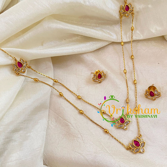 Premium AD Stone Pendant Chain Neckpiece -Red WhiteLotus -G10709