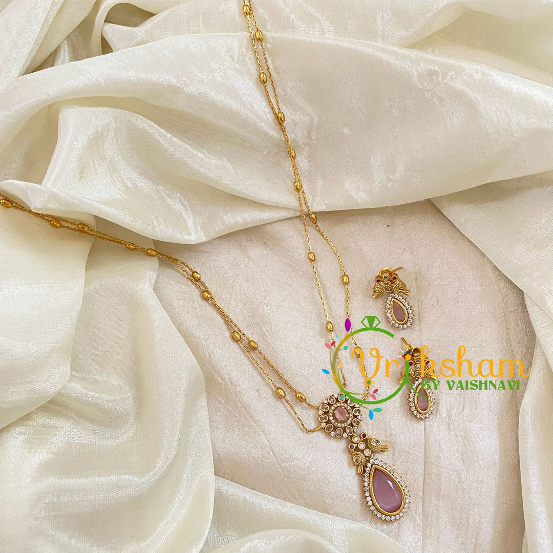 Premium Pastel Pink AD Stone Pendant Chain Neckpiece -Tilak -G10706