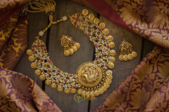 Layered Peacock Pendant Lakshmi Coin Pearl Neckpiece-G591