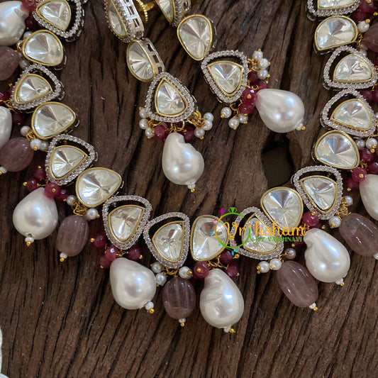 Premium Mossanite Beaded Short Neckpiece-Pastel Maroon -M014