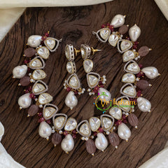 Premium Mossanite Beaded Short Neckpiece-Pastel Maroon -M014