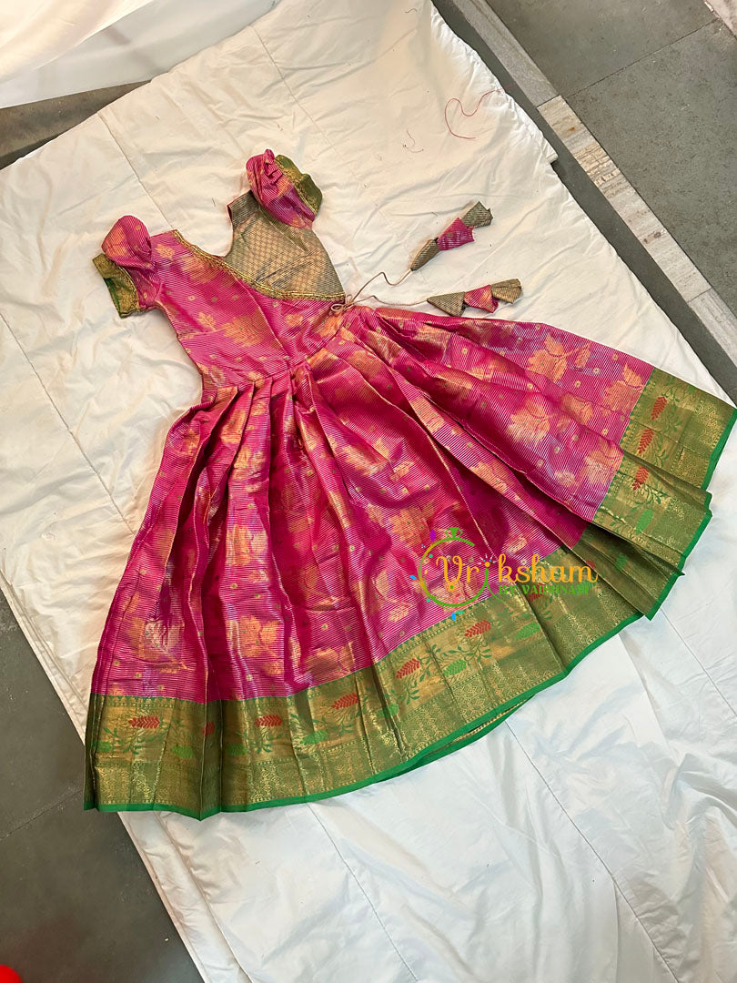 Pink with Green Indian Traditional Dress for Girls- Girls Gown -VS1236