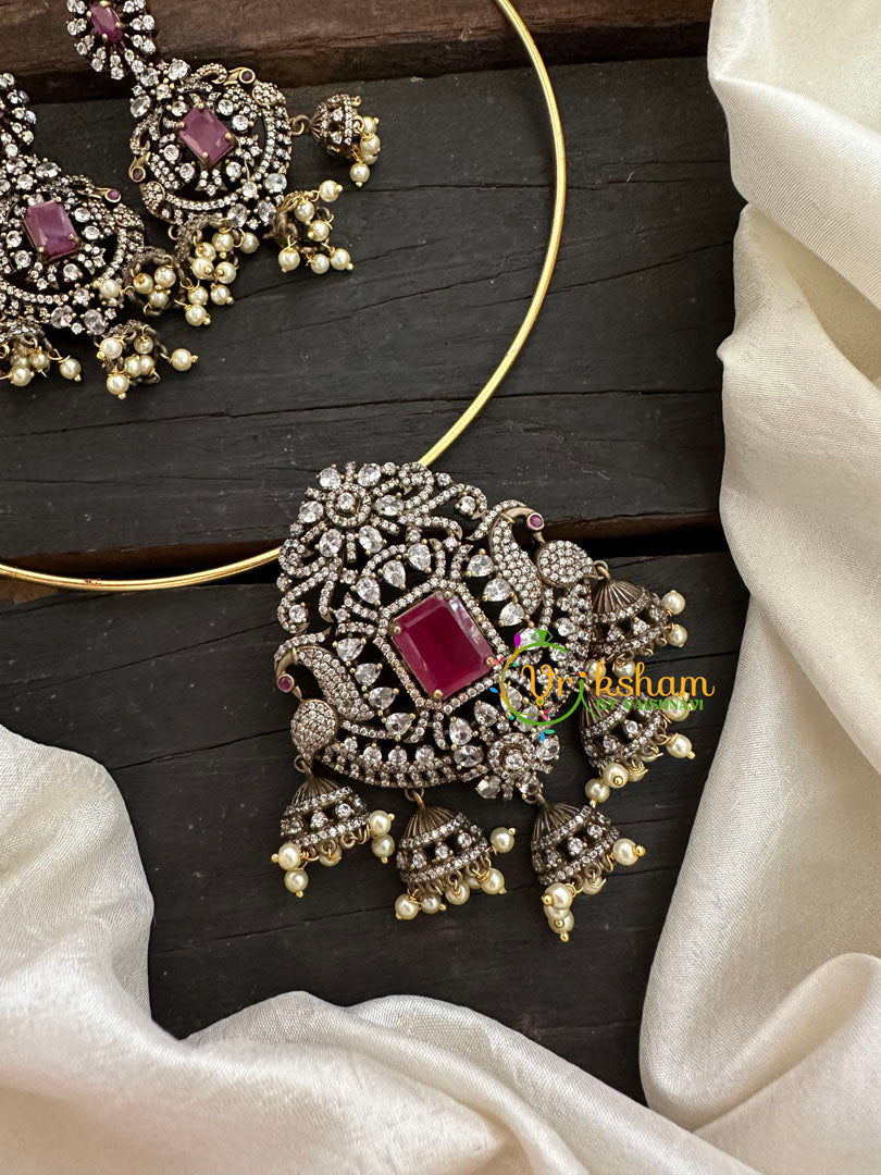 Victorian Diamond Hasli Choker Neckpiece -Red Pink -VV140