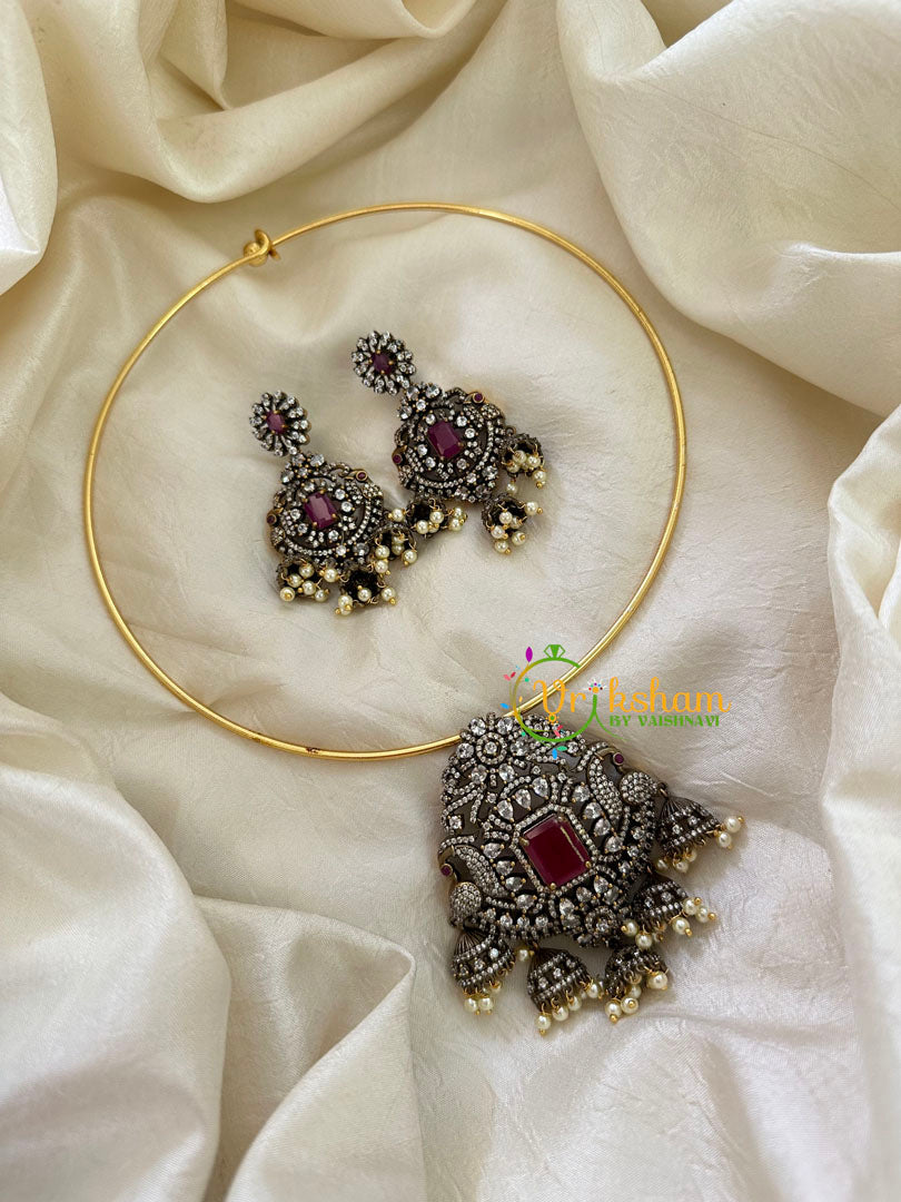 Victorian Diamond Hasli Choker Neckpiece -Red Pink -VV140