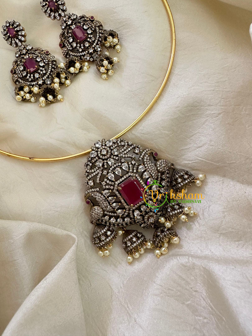 Victorian Diamond Hasli Choker Neckpiece -Red Pink -VV140