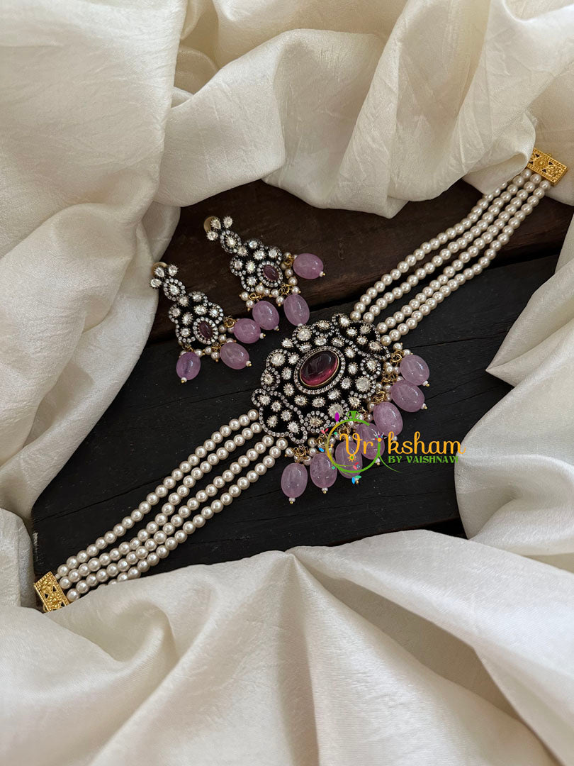 Pearl Victorian Diamond High Neck Choker-RED-VV090