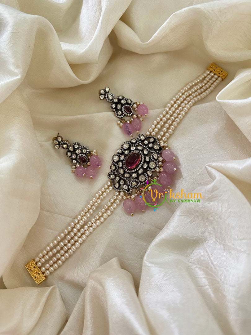 Pearl Victorian Diamond High Neck Choker-RED-VV090