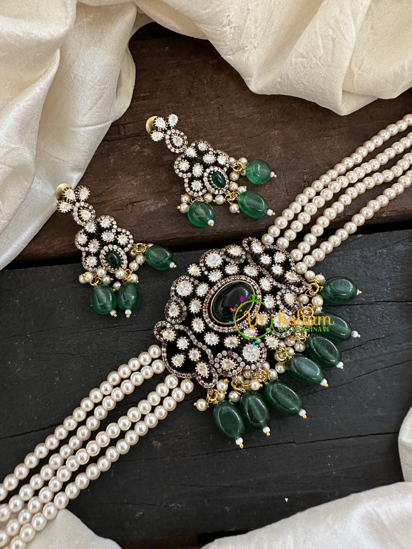 Pearl Victorian Diamond High Neck Choker-Green-VV076