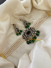 Pearl Victorian Diamond High Neck Choker-Green-VV076
